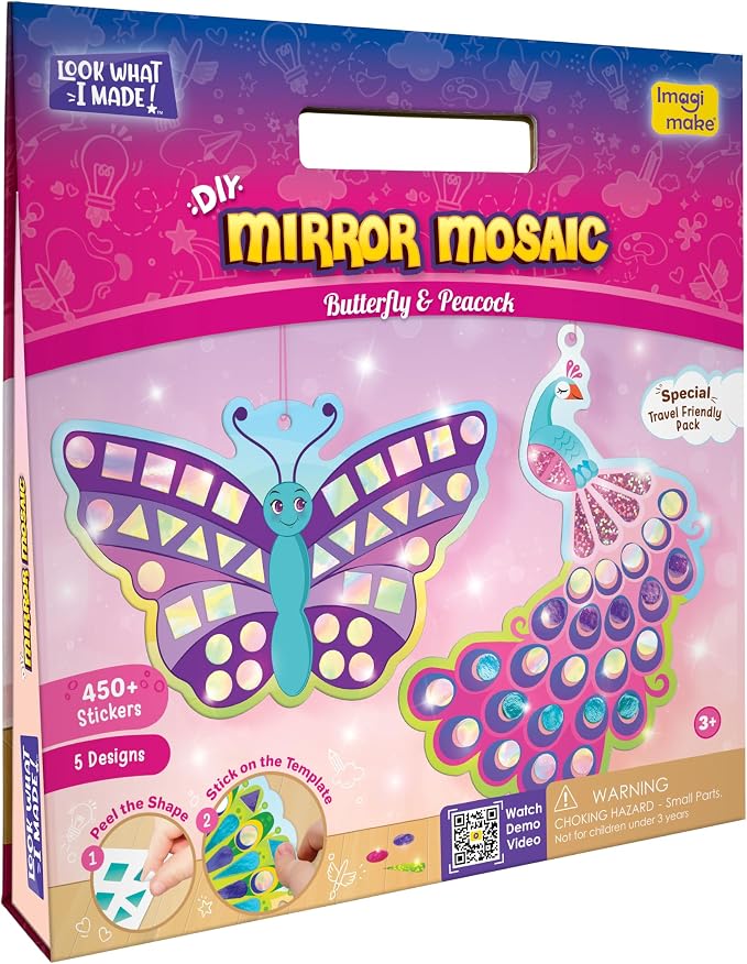 Imagimake Mirror Mosaic - Butterfly & Peacock, 5 Templates, 450+ Stickers | Mess-Free Craft Activity, Screen-Free Creative Art Kit for Kids, Birthday Gift for Boys & Girls Ages 3,4,5,6,7 Years Old