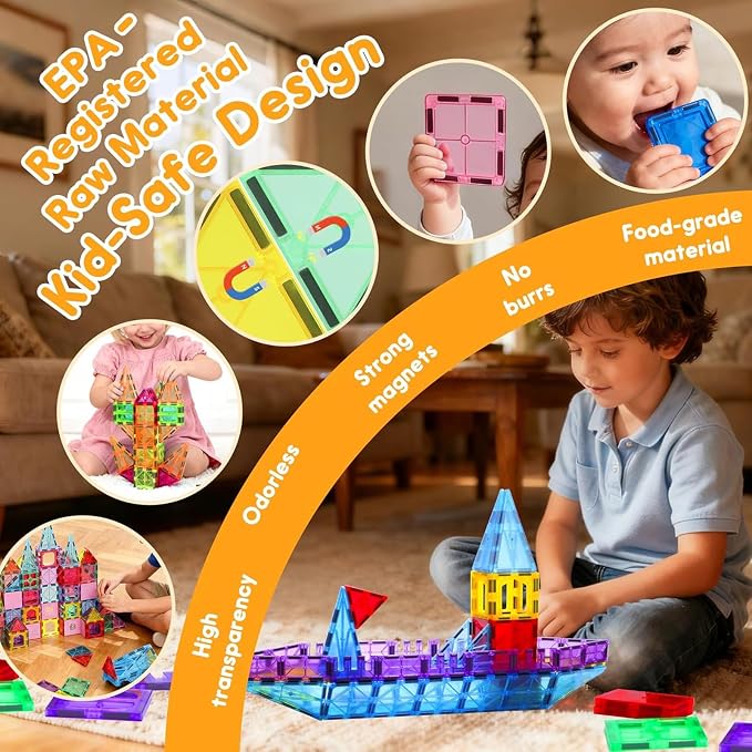 Next-Gen Antibacterial Magnetic Tiles, Safe & Clean Play for Kids | Bacteria Resistant, EPA-registered, Toddler-Safe, Strong Magnets, Preschool Learning, Construction Toy, Clean Play for Kids