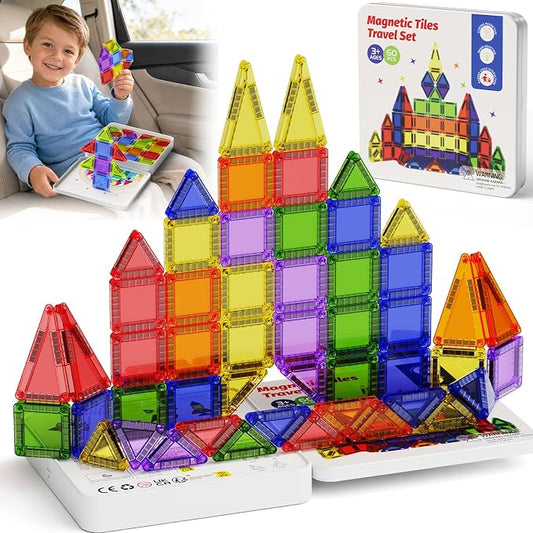 Mini Magnetic Tiles for Travel: Hours of Entertainment for Kid 3-5 | Portable to Serve for 2 Hours of Activities for Road Trips Long Flights - Magnetic Building Blocks for Toddlers