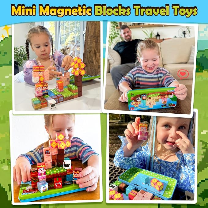Mini Magnetic Blocks, Portable Building Cubes Travel Toys for Kids Ages 4-8 | STEM Construction Learning Set with Case for Toddlers, Build Mine Magnet World, Christmas Birthday Gift for Boys Girls 3-5