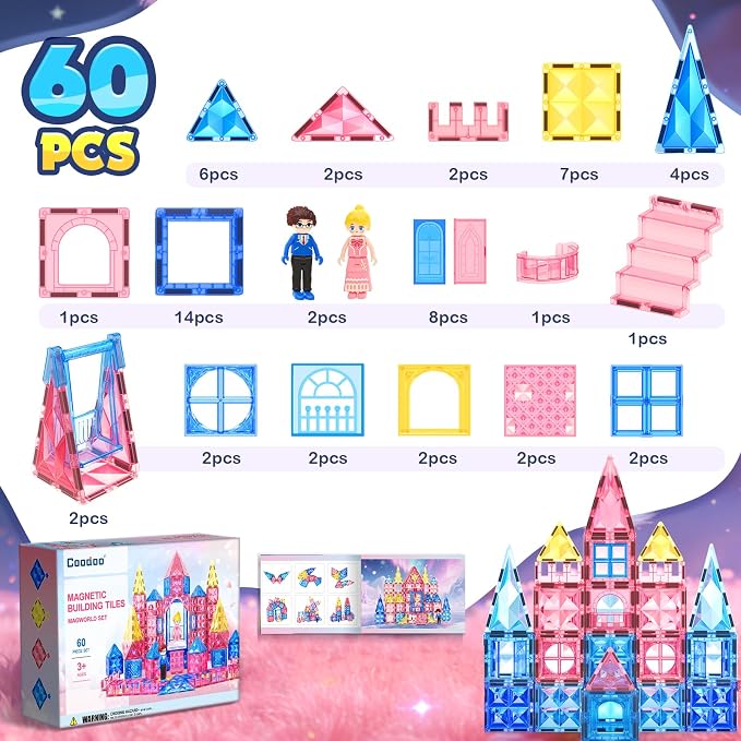 Diamond Magnetic Tiles Magnetic Building Blocks STEM Sensory Toy for Girls | Pink Castle Dollhouse Pretend Princess Toys for 3 4 5 6 Year Old Boys Girls Toys Birthday Xmas Present