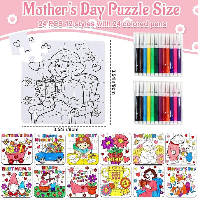 24 Set Mothers Day Crafts for Kids Classroom Bulk, Mother's Day Arts and Crafts DIY Paper Jigsaw Puzzle with Flower Bear Heart, Spring Activities Painting Kits for School Gifts Party Favors & Goodies