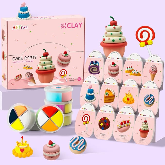 ARTPAR Air Dry Clay Kit,12 Desserts Modeling Magic Clay for Kids Craft Kit | Ultra-Light & Soft, Safe and Non-Sticky | Cute DIY Art & Crafts Fun Kitchen Toys, Home Party Favors Gifts for Boys & Girls