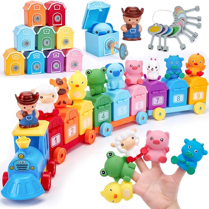 hahaland Montessori Farm Train Set, Toddler Learning Toys for 2-3 Year Olds | Count, Match, Sort Unlock 9 Numbered Barns with Farm Animal Finger Puppets, Color-shape Keys and 4 Train Birthday Gifts
