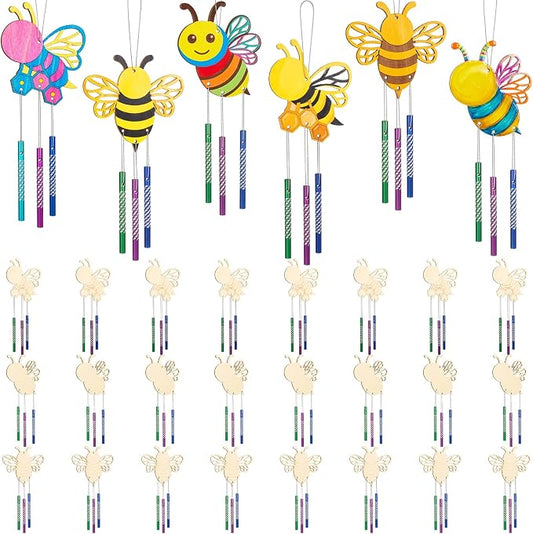 Leinuosen 30 Pcs Wind Chime Kit Make Your Own Bee Crafts for Kids | DIY Bee Windchimes Crafts Decorative Coloring Wooden Crafts for Spring Summer Party Art Activities Home Patio Decor