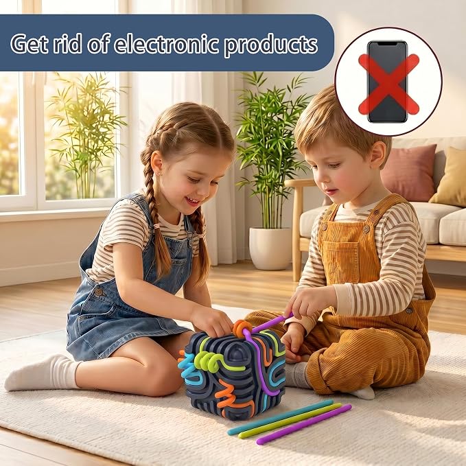 Sensory Activity Board Cube Fidget Toys for Kids & Adults - Zero Noise Silicone Quiet Toddler Travel Toys for Car Rides & Airplane - Autism ADHD Calming Toy Gift Stuffers with 15 Strings