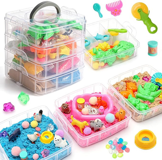 Farm & Pet Sensory Bin, Stackable Sandbox for Toddlers, Kids Play Sand Toys with Sensory Sand, Farm Figures & Pet Accessories, Birthday Gift for Girls Boys 3 4 5 6 Years Old