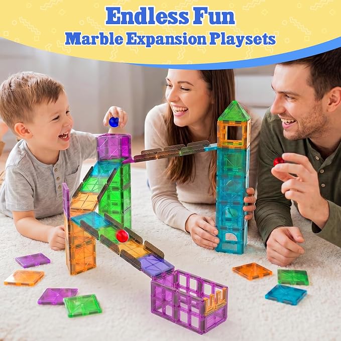 Magnetic Tiles Rail Pack 18-Pieces Magnetic Rail Clamps with Marble Run | Educational Magnet Tiles for Kids Ages 4-8 with Balls, Preschool Birthday Gifts for 3+ Year Old Boys and Girls