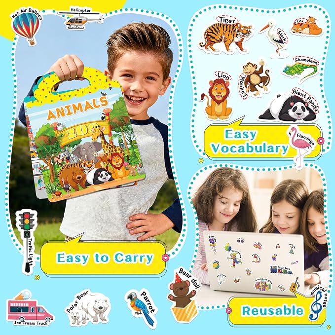 3 Sets Reusable Sticker Books for Toddlers 3-6 Years, Large Jelly Sticker Activity Books for Kids, Travel Toys for Toddlers Ages 3+ Girls & Boys