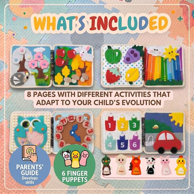 LUMS Busy Book for Toddlers 1-3 - Montessori Busy Board, Toddler Activity Book Ages 2-4, Felt Quiet Sensory Learning Travel Toy for 1 Year Old, Car & Airplane Rides