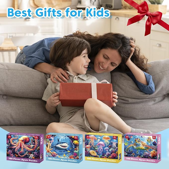 4 Pack 100 Piece Puzzles for Kids Ages 4-8 | Large Piece Kids Puzzles Ages 4-10, Ocean Theme Jigsaw Puzzle Toy, Educational Family Learning Gift for Boys Girls