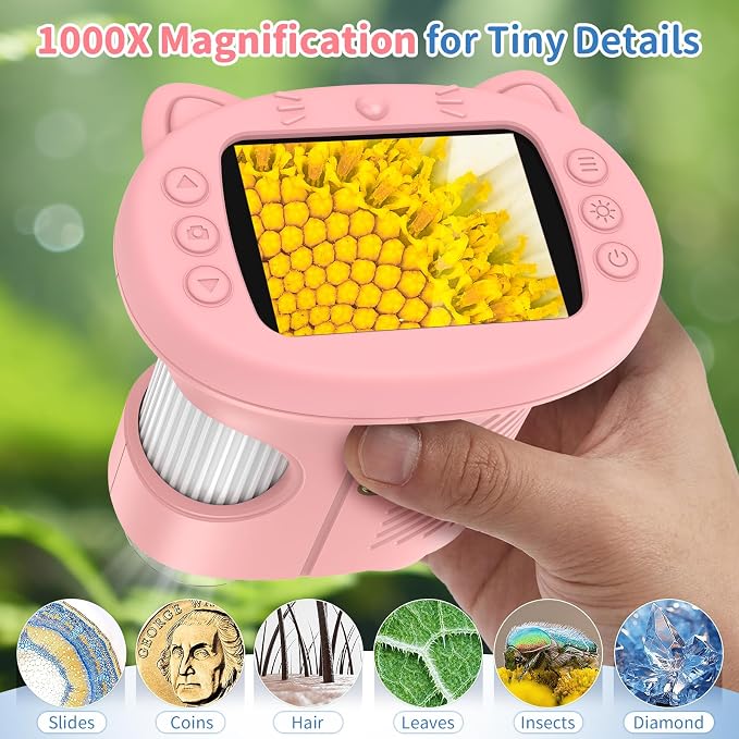 Kids Handheld Digital Microscope 1000X: Science Gift Kit STEM Toy Ages 5-13 | 8GB SD Card for Photo/video, Rechargeable, 2.4" Screen, 8 LEDs, Portable Magnifying Glass Pocket Miniscope for Girls Boys