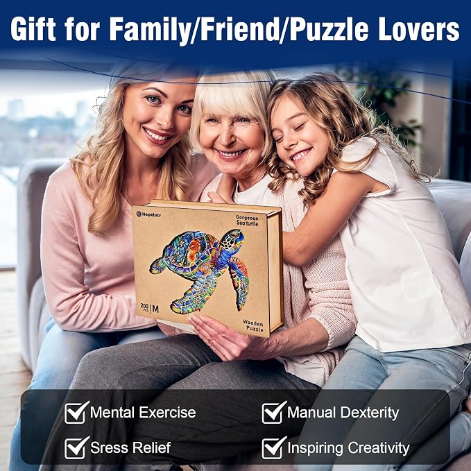 Unique Wooden Jigsaw Puzzles, 200 Pieces Sea Turtle Wood Puzzles for Kids Teens Adults, 11.5" x 11.3" Shaped Pieces, Fun Challenging Family Games for Kids and Teens, Gift Box Included