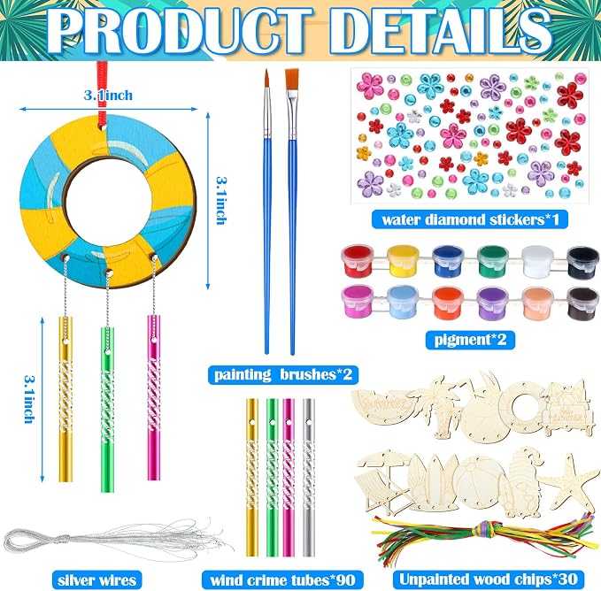 JellyArch 30 Pack Summer Beach Wind Chime Crafts Kit for Kids Activities | 10 Watermelon Coconut Starfish Designs with Paints, DIY Wooden Ornaments, Boys Girls Ages 4-8 Outdoor Party Favors