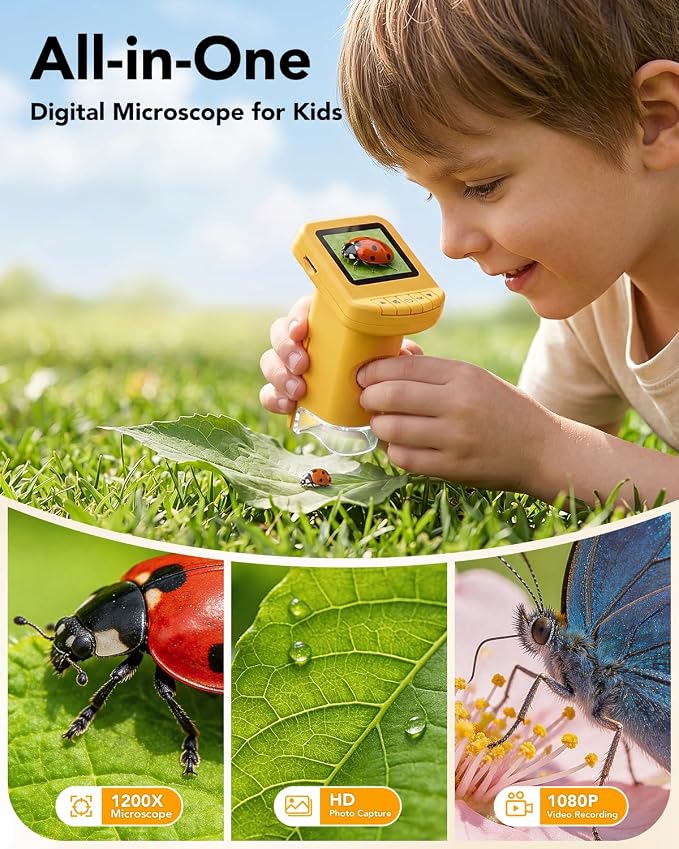 Handheld Portable Microscope for Kids, 120X-1200X for Ages 6-12 Boys Girls | 2.0'' IPS Screen, Photo & Video, 6 LED Lights, Rechargeable, STEM Toys, Christmas Birthday Gifts, for Outdoor Exploration