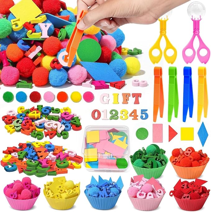 270 Pcs Numbers and Letters Sensory Bin Items Back to School Counting Sorting Sensory Bin Filler Fine Motor Numbers and Letters Geometric Figure Counts for Easter Spring Summer Sorting
