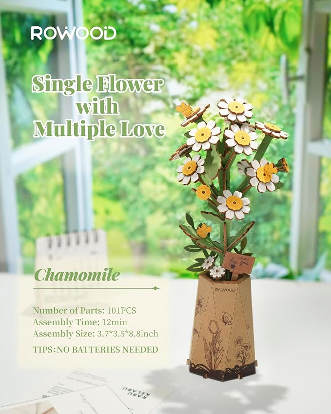 Rowood 3D Puzzles for Adults, DIY Wooden Flower Building Block Set Craft Kit,Mother's Day/Valentine's Day/Teacher's Day/Thanksgiving/Christmas/Birthday Gift for Mom/Grandma-Chamomile