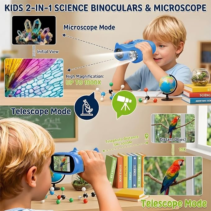2-in-1 Kids Microscope and Telescope, 1000X Handheld Digital Microscope for Kids, 2.0" Screen, 8 LEDs, 10X Pocket Telescope for Outdoor, 1080P Camera STEM Toys Gifts for Boys Girls 4-12, Blue
