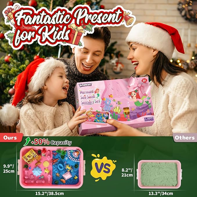 KNASON Mermaid Sensory Bin, Play Sand Kit for Girls and Boys Ages 3 4 5 6 7 | Mermaid Toys, 2.2lbs Sensory Play Colored Sand, Sandbox with Lid, Treasure Chest with Gems, Gift for Kids Ages 3 4 5 6 7 8
