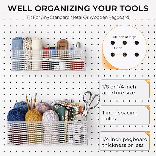 INCLY 4 Pack Upgrade Pegboard Baskets, 4 Sizes Square Metal Mesh Basket | Peg Board Organizer Accessories, For Garage Craft Room Office Kitchen, Pegboard Baskets and Bins