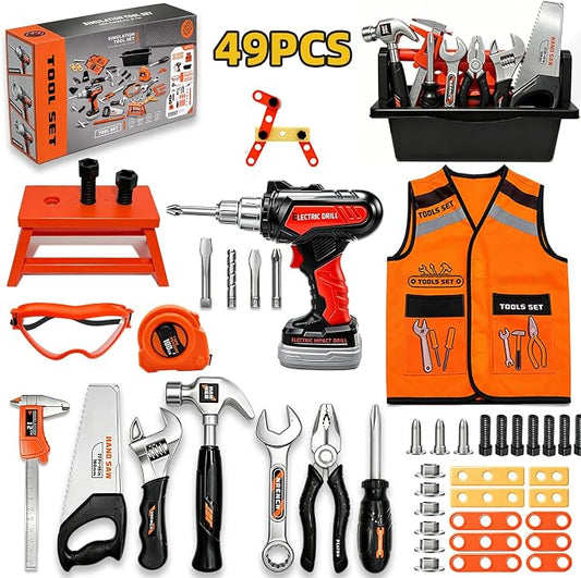 49 PCS Kids Tool Set with Realistic Toy Electric Drill & Storage Box, Construction Worker Dress Up Pretend Play Kit with Washable Vest & Goggles, STEM Educational Builder Gift for Boys Ages 3-7