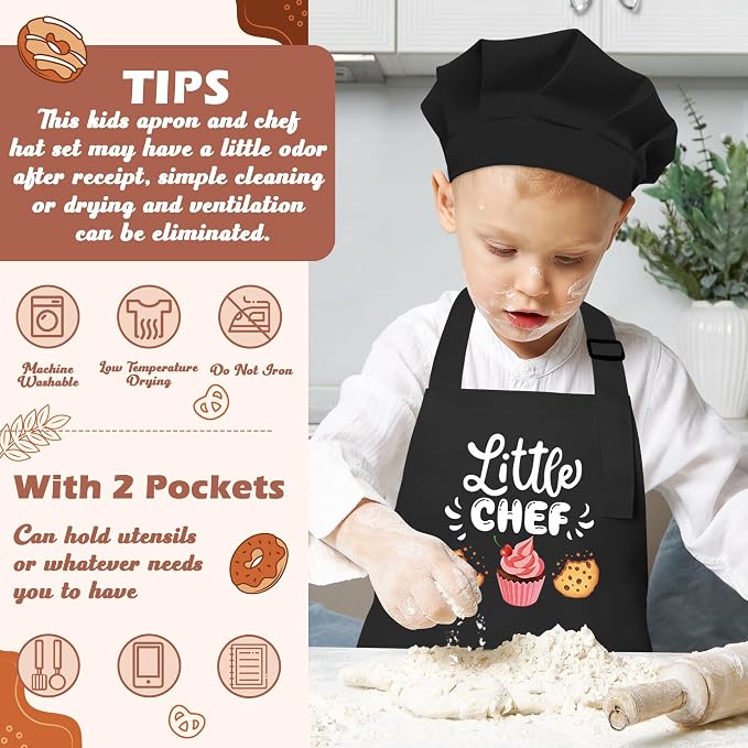 R HORSE 2 Pieces Kid Apron and Chef Hat Set, Dress up Pretend Play Toy | Black Little Chef Adjustable Children Kitchen Apron with Pockets, Ideal for Cooking, Baking, Painting, Cooking Birthday Gift