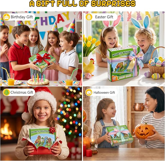 200PCS Magnetic Building Blocks Set, Magnetic Tiles Kids Build Cubes STEM Game Toys, Build Forest World Set, Christmas Birthday Gifts for Boys & Girls Age 3 4 5 6 7 8 9 10, 0.78 in Size | STEM Game Stacking Toys for Kids, Birthday Gifts for Boys and Gi...