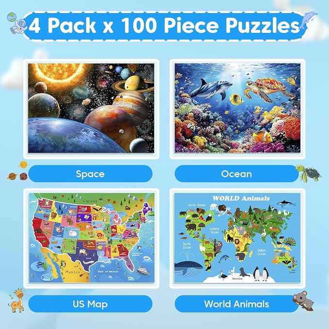 4 Packs 100 Piece Puzzles for Kids Ages 4-6 6-8 8-10, Educational Kids Jigsaw Puzzle Set, Ocean Space US Map World Animals Learning Puzzle Toy Gift for Boys Girls Teens Adults Kids Puzzles 4-6 5-8