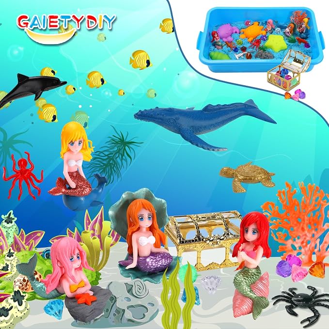 GAIETYDIY Mermaid Sensory Bin for Girl, Magic Sand Art Kit with LED Light | 2.2lbs Sensory Sand, Ocean Sea Animals, Sand Box with lid, Mermaid Toy Christmas Birthday Gift for Girls Ages 3 4 5 6 7 8 9+