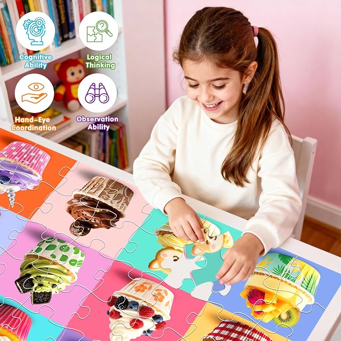 Jumbo Floor Puzzle for Kids,48 Piece Cupcake Jigsaw Puzzle Ages 3-8 | Dessert-themed Learning Puzzle with Decorated Cupcakes,Extra-thick Cardboard,35x24 in Completed,Gift for Boys and Girls