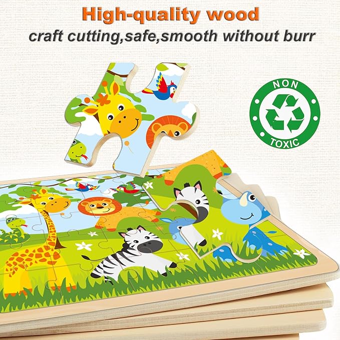 Wooden Jigsaw Puzzles for Kids Ages 4-6, 4-Pack 24-Piece Animal Puzzles Toy | Wood Puzzles Set, Toddler Brain Teaser Toys, Gifts for Boys Girls Ages 3 4 5 6