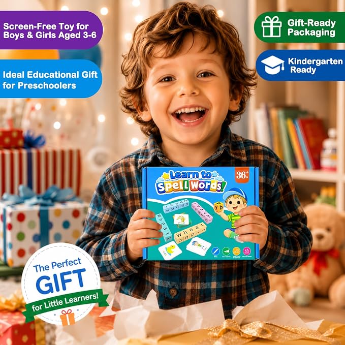 Spelling Games for Kids Ages 3-8, Phonics Matching Game with 54 Flash Cards & 20 Letter Blocks, CVC & Sight Word Building Reading Game, Classroom Must Haves for Preschool & Kindergarten