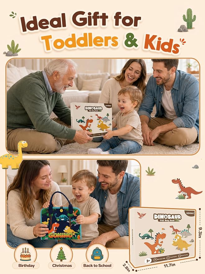 GONINO Busy Book Montessori Toys for Boys, Dinosaur Felt Busy Board | Quiet Activity Book, Preschool Learning Sensory Toys, Fine Motor Skills, Travel Toy for Airplane Car, Boys Birthday Gifts 3+