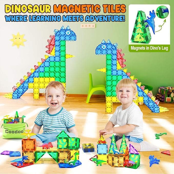 Dinosaur Toys Magnetic Tiles - Magnet Building Blocks for Toddler Kids 3+ | Dinosaur World Creative Games Set For Kids 3+, Great Kids Toys Gift For Boys & Girls, Ideal Set For STEM and Sensory Play