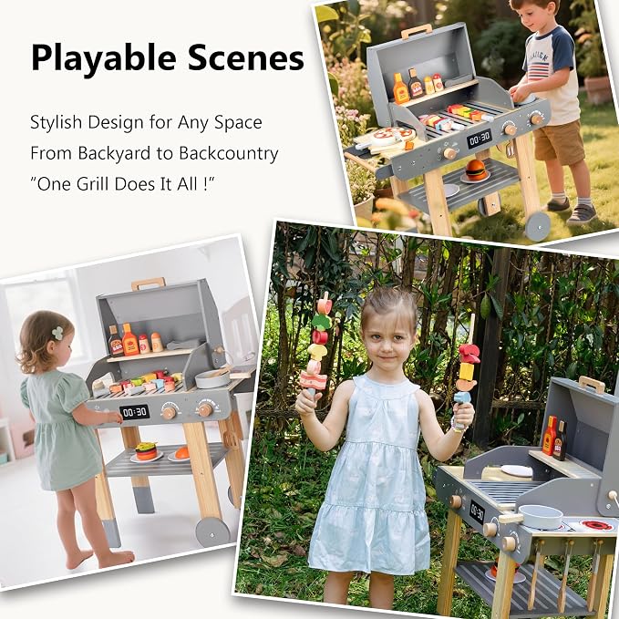Wooden Grill Playset for Kids with Grilling Tools and Play Food | Realistic Pretend Barbecue Cooking Toy, BBQ Role-Play Set for Imaginative Play, Creative Gift for Boys and Girls Ages 3+