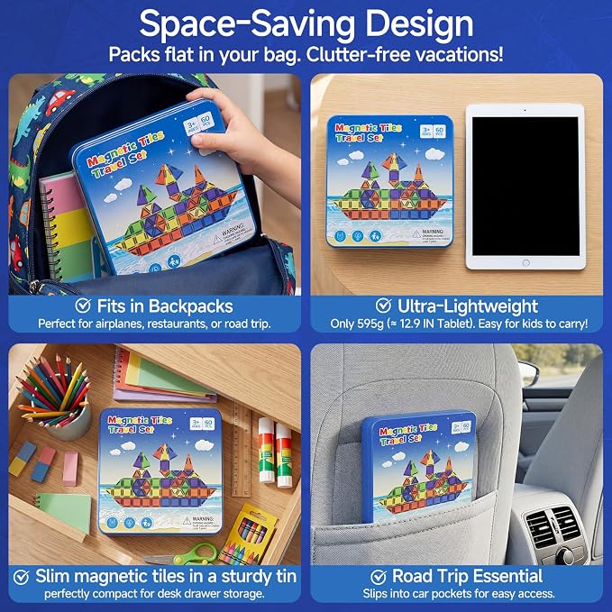 WMXDU Mini Magnetic Building Set: Keep Boys Quiet 60 Mins on Road Trips | 300+ Combos, 90+ Min Crash-Tested Fun for Active Boys. Magnets Lift 7 Tiles, No Fall. Tin Box Shape Guide, Quick Clean