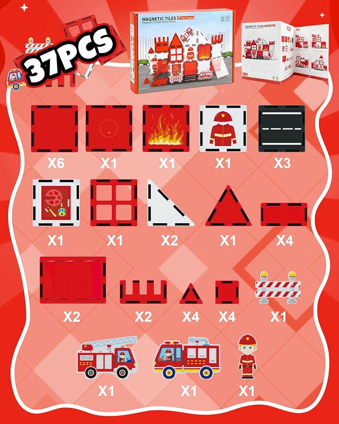 Large Magnetic Tiles for Kids, STEM Toys Building Set, Age 3+,37 Piece | Fire Rescue Magnetic Tiles Building Blocks with Rescue Scene Pieces, Firefighter Elements, Ideal Gift for Boys and Girls