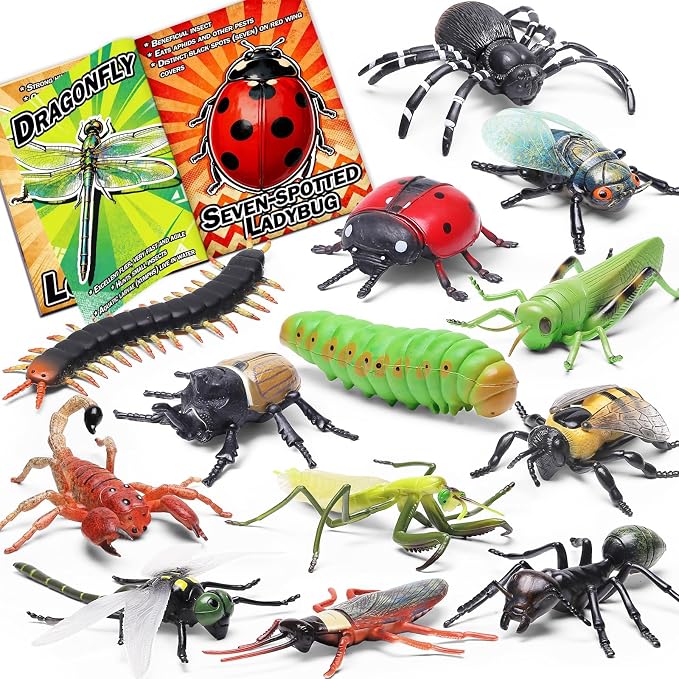 13 Pcs Realistic Insect Toys with Education Booklet and Gift Box, Fake Bugs | Plastic Bugs for Halloween, Party Decoration, Sensory Bin, Creepy Crawlers Toys for Toddler Boys Girls Age 3-5 5-7