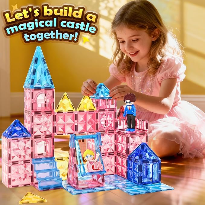 Diamond Magnetic Tiles Magnetic Building Blocks STEM Sensory Toy for Girls | Pink Castle Dollhouse Pretend Princess Toys for 3 4 5 6 Year Old Boys Girls Toys Birthday Xmas Present
