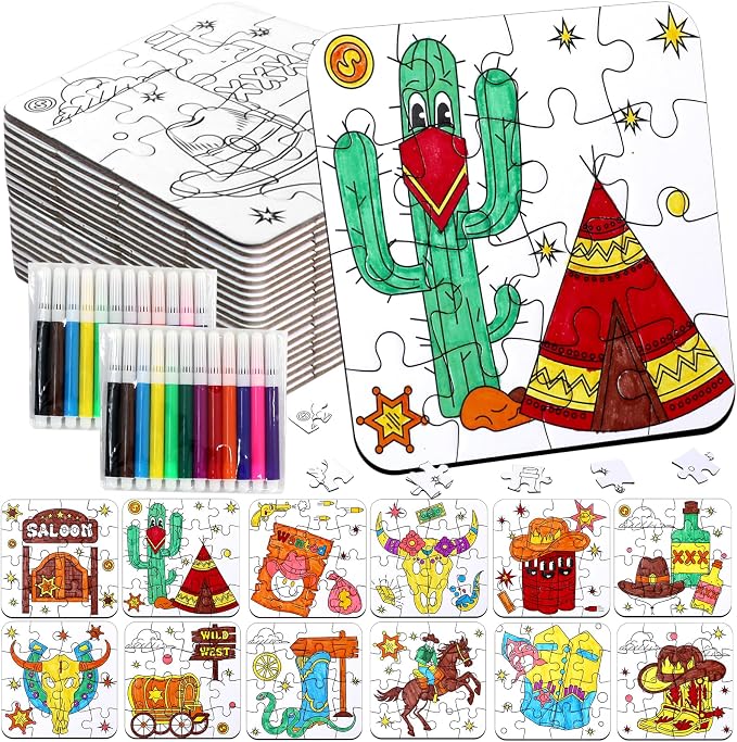 Western Cowboy Coloring Jigsaw Puzzle for Kids-DIY Horse Craft Party Favors | 24 Sets Color Your Own Crafts Blank puzzles, Fall Classroom Gift for Toddlers & Adults Birthday Game toy Supplies Arts Bulk