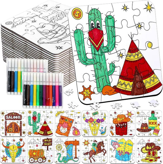 Western Cowboy Coloring Jigsaw Puzzle for Kids-DIY Horse Craft Party Favors | 24 Sets Color Your Own Crafts Blank puzzles, Fall Classroom Gift for Toddlers & Adults Birthday Game toy Supplies Arts Bulk