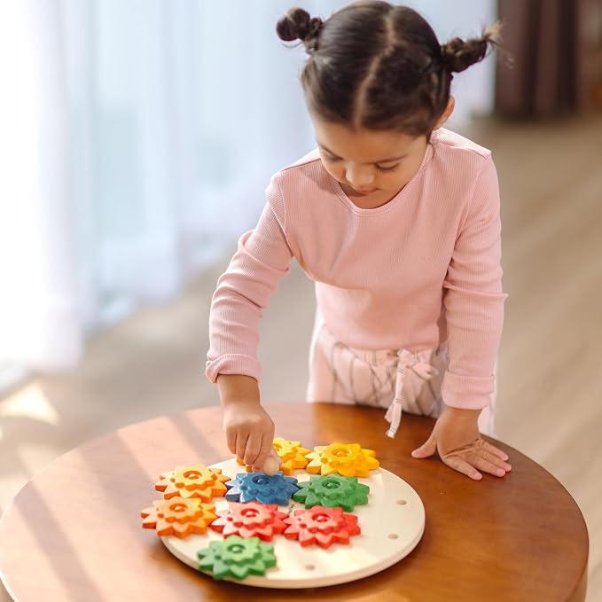 PlanToys® Wooden Spinning Gears Playset Montessori Construction Kids STEM | rotating gears, cause and effect toys, montessori toys, girls, boys, mechanical logical problem solving learning gift set