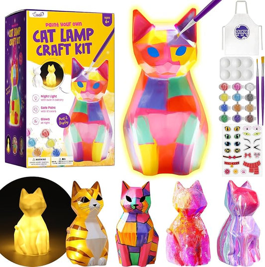 Paint Your Own Cat Lamp Kit, Crafts for Kids Ages 6-12, Gifts for Girls Boy | Cat painting kit with paints and 3D night light; arts and crafts activity, room decor and birthday gifts for kids ages 6-12