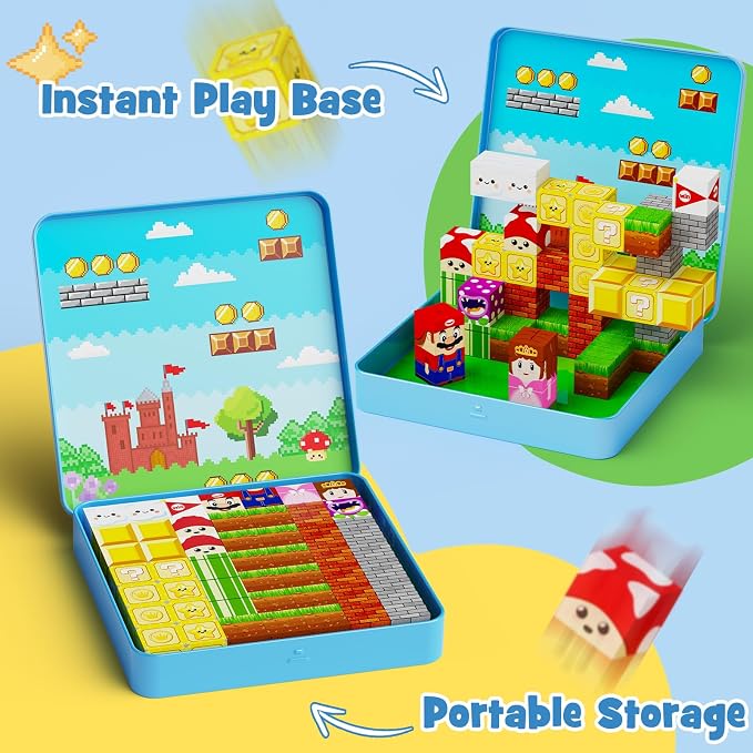 Travel Magnetic Blocks Kids Toys: 49 PCS Mini Magnets Cubes with Iron Box | Compact Play Base for Car Activities & Road Trips Games - Airplane Essentials STEM Learning Toys for Toddlers Kids Ages 3-8