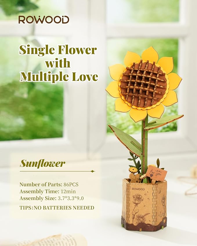 rowood 3D Wooden Puzzles for Adults, Mother's Day DIY Artifical Flower Craft Kit,Botanical Collection Home Decor, Valentine's Day/Thanksgiving Day/Christmas/Birthday Gift -Sunflower
