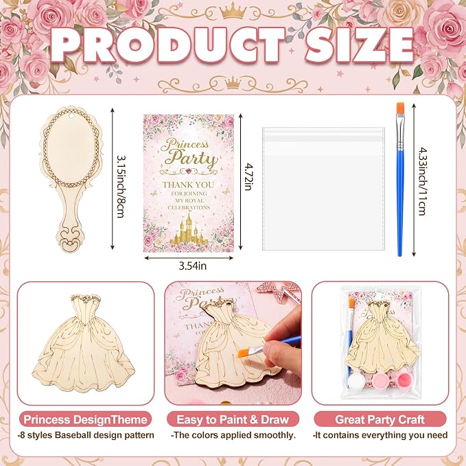 Saypacck 24 Pcs Princess Party Favors Wooden Paint Craft Kits | Organza Bags for Goodie Fillers, Princess Games Activities, Party Decorations, 8 Designs Include Paints and Paintbrush