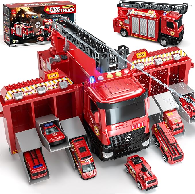Lehoo Castle Fire Truck Toy for 3 4 5 Years Old Boy | Fire Trucks Playset with Rotating Ladder, Realistic Lights & Sounds, Birthday Gifts for Toddlers 3+
