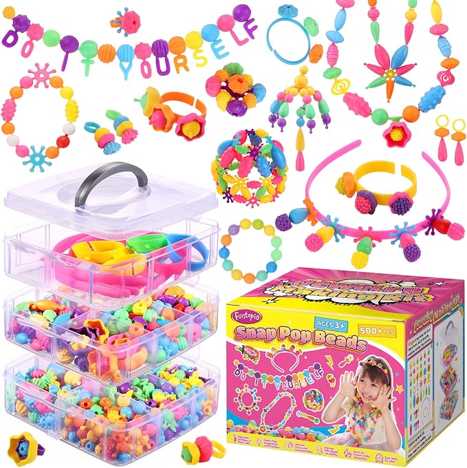 Pop Beads, 500+ Pcs Jewelry Making Kit for Girls 4-6, Colorful Snap Beads | Funtopia Arts and Crafts for Kids 3 4 5 6 7 8, DIY Bracelet Necklace Ring Set for Little Girls