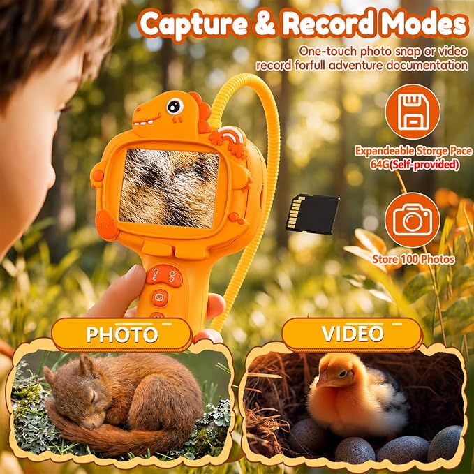 Kids Borescope Camera with Light-STEM Science Educational Toy for 3 4 5 6 7 8 Years Old Boys & Girls Birthday Gift-Discovery & Exploration Flexible Snake Scope Battery (Orange Dinosaur)