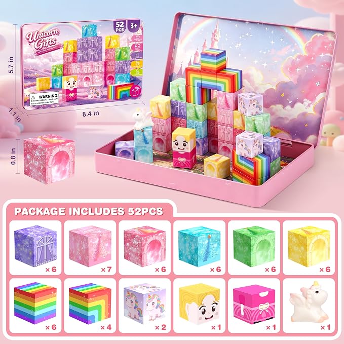 Mini Magnetic Blocks Travel Set with Magnetic Case-52 PCS Magnet Building Cubes Unicorn Toys for Kids 3-5, Toddler Travel Toys Airplane Essentials, STEM Montessori Toys Christmas Stocking Stuffers